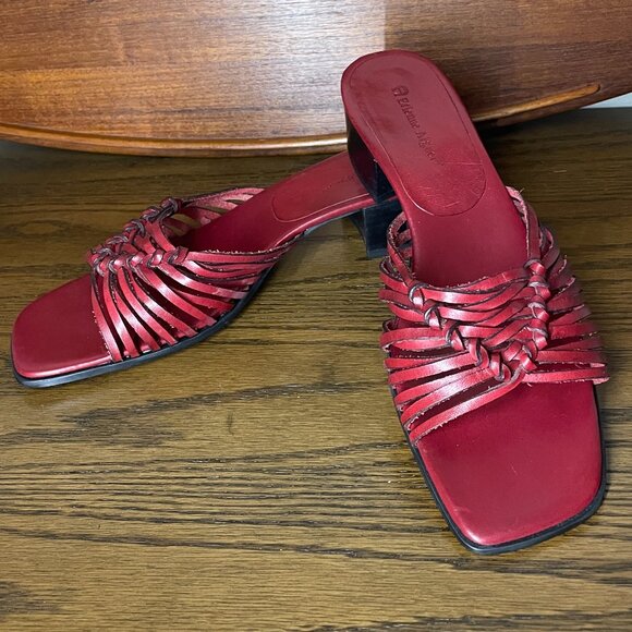 ETIENNE AIGNER Leather Sandals US Size 8 Red Square Toe Shoes Strappy Slides - Picture 1 of 7